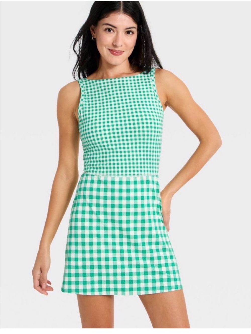 all in motion Teal and White Gingham Sleeveless Romper Dress